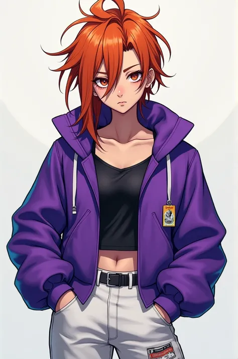 As a profile picture,with a purple jacket,dark orange hair,a half damaged layer,white pants