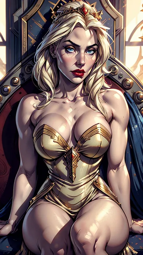 a beautiful young woman with long white-blonde hair, piercing blue eyes, flawless pale skin, high cheekbones, full red lips, wearing an ornate Targaryen-style dress, sitting on a throne, confident and regal expression, intricate gold crown, detailed facial...