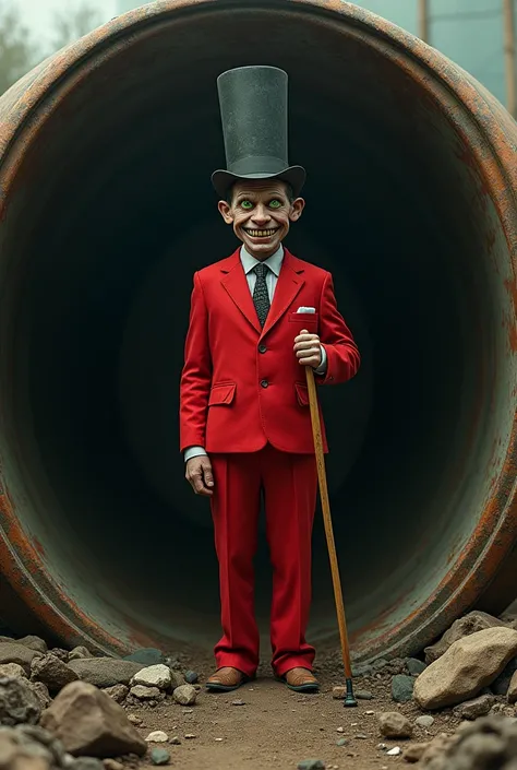 A man with stubby teeth, green eyes, wearing a red suit, a tall black hat, and holding a cane, stands in the middle of a garbage drum.