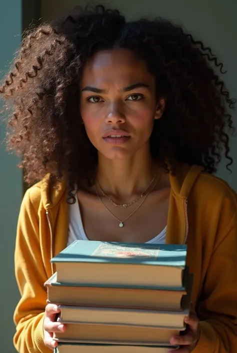 1 woman, indigenous woman with curly brown hair type 4c medium, Round face, full cheeks, eyes browns, in American college clothes, dainty, with an angry look, fearful, with books in your hands