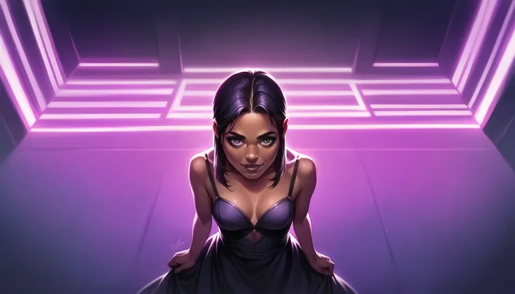 A brown-skinned woman with a malicious smile, top angle view, in a gothic room aesthetic, purple neon lights, highly detailed, intricate details, dramatic lighting, dark and moody atmosphere, elegant, haunting, cinematic, masterpiece, 8K, photorealistic