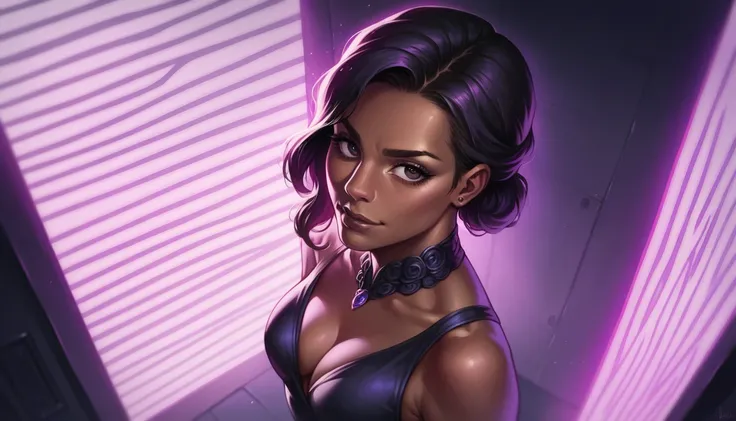 A brown-skinned woman with a malicious smile, top angle view, in a gothic room aesthetic, purple neon lights, highly detailed, intricate details, dramatic lighting, dark and moody atmosphere, elegant, haunting, cinematic, masterpiece, 8K, photorealistic