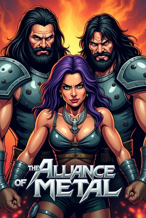 Illustration for a poster to promote a heavy metal band concert, with two barbarian warriors with black hair and eyes and steel armor and an imposing female warrior with an angry expression, ready for battle, with purple hair and green eyes, wearing a neck...