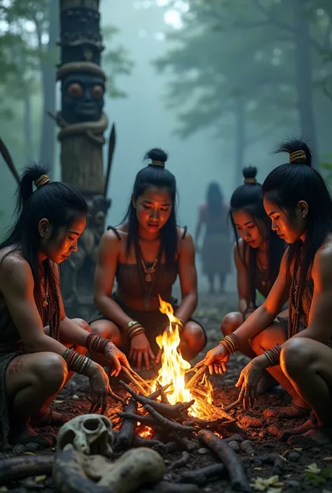 (((A chilling, ultra realistic and mysterious scene within a dense, mist-covered forest of ancient Korea. In the foreground, a group of stern-faced female warriors, dressed in tattered garments adorned with primitive bone jewelry, huddle around a roaring c...