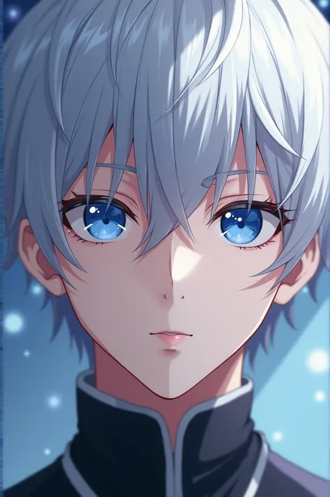 Make A Anime Character with blue eyes perfect jawline And with hair with White Skin he is Male his age around 22