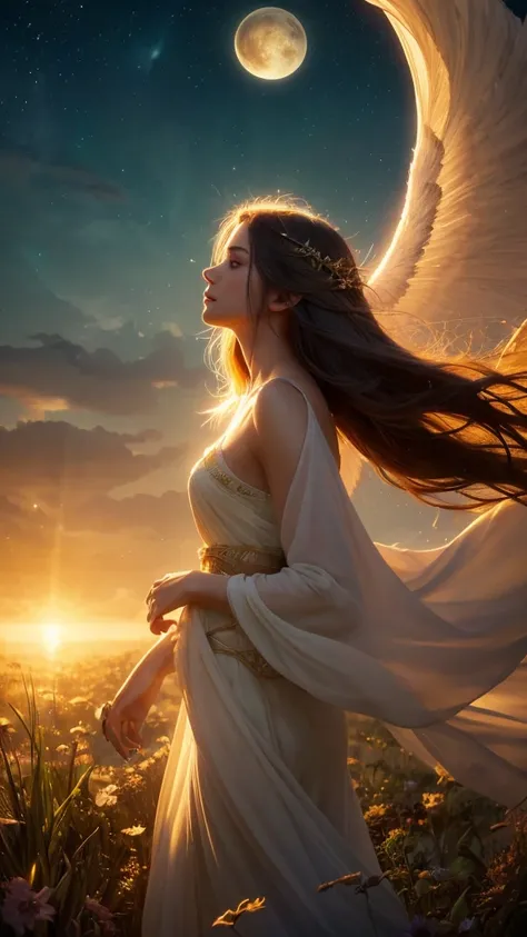 1girl,guardian of heaven and earth,majestic figure,radiating light,serene and wise expression,flowing robes,blending with clouds,lush and fertile ground,glowing orbs,divine presence,calm yet powerful atmosphere,gentle breeze,vast sky,sun and moon,balance o...