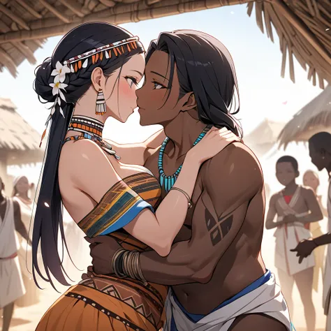 ((Highest quality)), ((masterpiece)), (detailed), （Perfect Face）、The woman is Reika Aoki, with medium-long hair, finely braided and slicked back, in the style of an African tribal woman.、A woman is celebrating her wedding in an African tribal village by em...