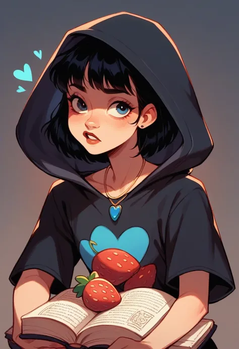 Disney image of a black haired girl, straight , long, Book hairstyle with ruffles wearing a long-sleeved red t-shirt with a small strawberry in the middle, a hood on, and a necklace with a blue heart on a dark background