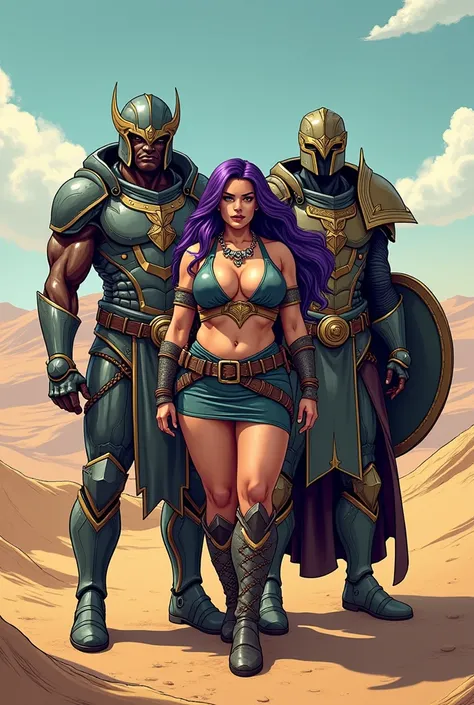 Title: THE ALLIANCE OF METAL Comic book style background image with 2 dark skinned male armored warriors with armor helmets and shield and a curvy overweight chubby female warrior, obesa branaca, white woman with long purple hair and green eyes wearing eag...