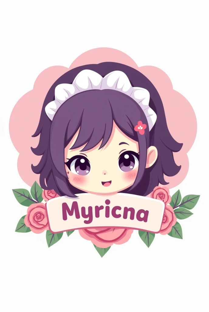 Create an isologo with the face of a purple-haired maid in a chibi Kawai cartoon style surrounded by the name in the Rose that has flat colors,  without light and shadow Simpler, simpler, only with three colors , made in vectors 