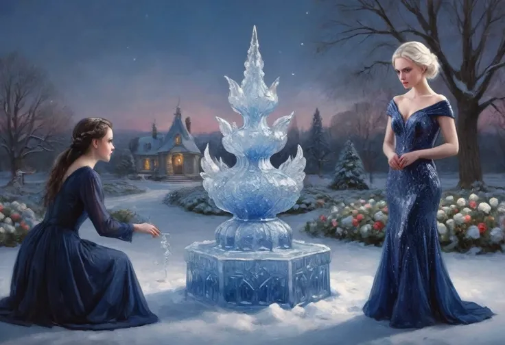 A cute woman with blue skin, deep blue eyes, pointy ears, waist length pale hair, wearing a sapphire sequin sparkling evening gown, inspecting her ice sculpture flower garden in a snow landscape at twilight, masterpiece, highly detailed, photorealistic, 8k...