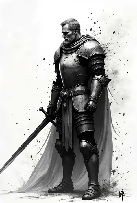 Black and white ink style male knight swordsman splash ink