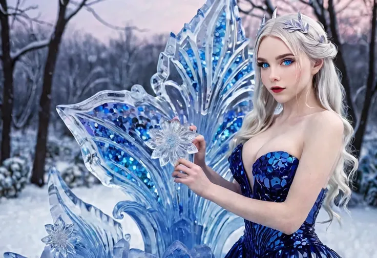 Ice Elf (cute woman, blue skin, deep blue eyes, pointy ears, waist length pale hair, sapphire sequin sparkling evening gown0 inspecting her ice sculpture flower garden in a snow landscape, twilight
