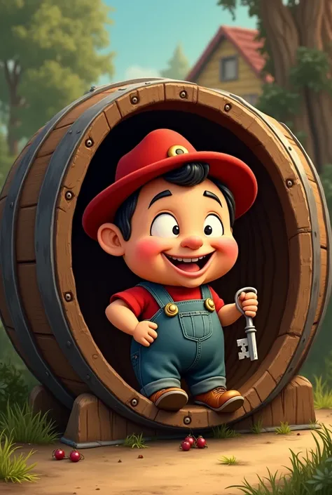 Character Chespirito who lives in the barrel, holding a key in hand