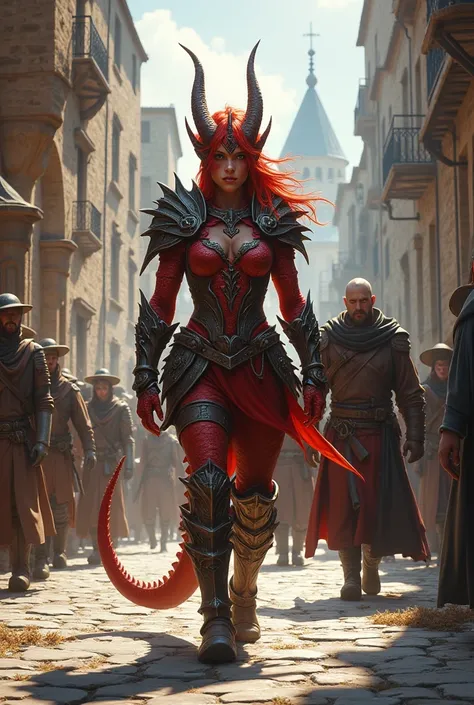 Make a red female dragonborn warrior entering a medieval city accompanied by a male rogue