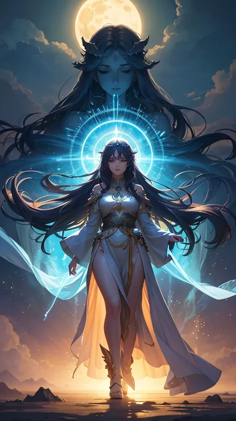 1girl,guardian of heaven and earth,majestic figure,radiating light,serene and wise expression,flowing robes,blending with clouds,lush and fertile ground,glowing orbs,divine presence,calm yet powerful atmosphere,gentle breeze,vast sky,sun and moon,balance o...