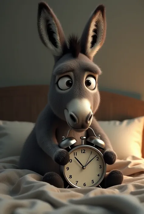 Donkey setting alarm in clock sitting in bed with sad face