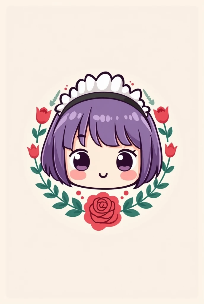 Create an isologo with the face of a purple-haired maid in a chibi Kawai cartoon style surrounded by the name in the Rose that has flat colors,  without light and shadow Simpler, simpler, with only three base colors, made in vectors , easy to replicate 