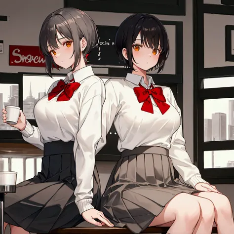 Coffee shop background, white school uniform, red bowtie, yellow sweater, tied sweater on hips, grey skirt, grey patterned skirt, 1woman, solo, dark hair, short hair, shining hair, medium-large breast, sitting behind table, facing viewer, arrogant,