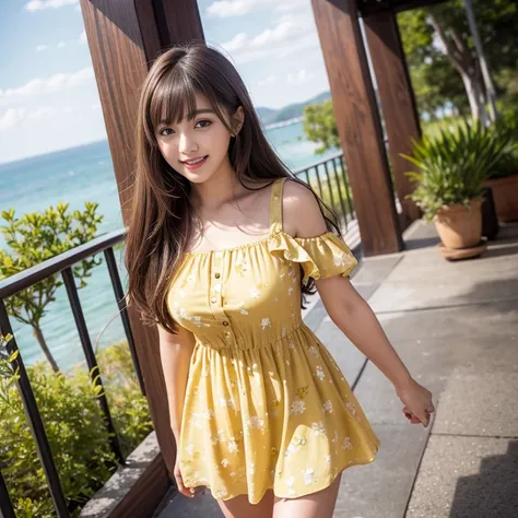 laughing out loud，travel scenery photos，Wear a cute dress，Dress with yellow flower pattern，1 female, On the face, light brown hair, blunt bangs, hair behind ears, Shoulder-length hair, long hair, Slender body type, 超face slimming型, face slimming, delicate ...