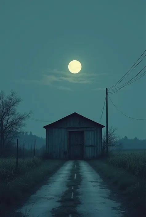 An aged metal shed, a little rusty and with a door in front, surrounded by neglected plants and crops, like dark green overgrowths.
The shed and the crops are next to the lonely road, paved but lonely, no one passes by, no one is nearby.
The entire scene i...