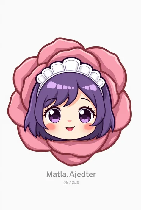 Create an isologo with the face of a purple-haired maid in a chibi Kawai cartoon style surrounded by the name in the Rose that has flat colors,  without light and shadow Simpler, simpler, with only three base colors, made in vectors , easy to replicate , c...