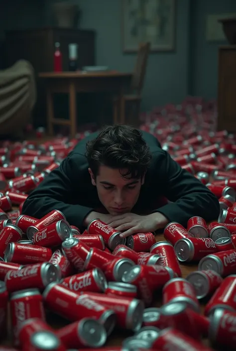 "A room filled with empty Coca-Cola cans, a person lie in the middle looking unhappy."