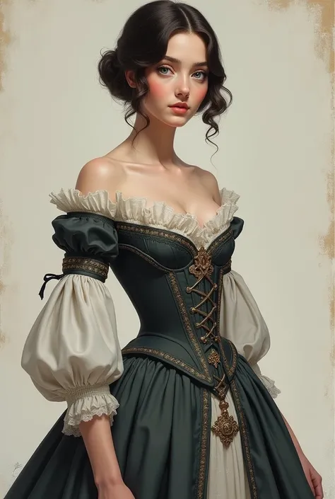 off-the-shoulder,super detail,masterpiece, best quality, super detail,  short hair princess cut, 18th outfit, blue eyes, wearing a18th Century Corset ,dress and black stockings, a full body photo,