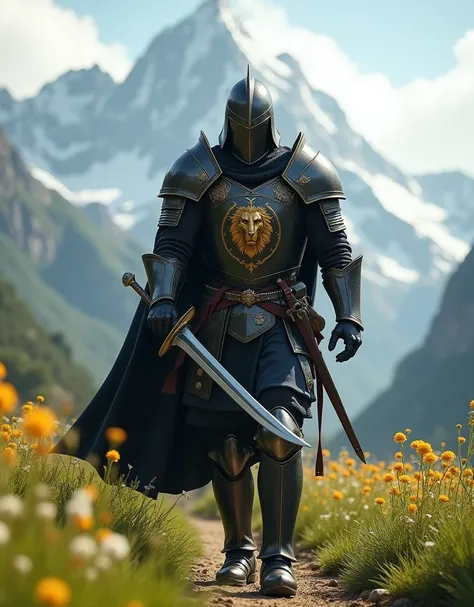 Generate me the image of a medieval soldier, He wears black armor, Over the armor he wears a kind of tunic with the symbol of a lion, with a long sword resting on his shoulder, He is walking through a field, high quality level