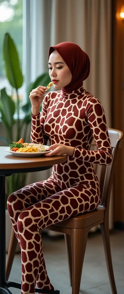 The most beautiful,thin,most pretty and clever Asian muslimah adult girl wears giraffe lycra turtleneck unitard catsuit covered with spots.She always wear giraffe print lycra dancewear stretchy hijab covered with many spots.She is sitting on the plastic ch...