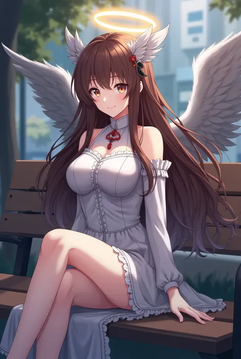 there is a woman sitting on a bench with an angel wings on her head, (hair swept bangs:1.3), (brown hair:1.3), anime style, from girls frontline, fine details. girls frontline, girls frontline universe, girls frontline style, girls frontline, girls frontli...