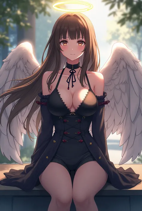 there is a woman sitting on a bench with an angel wings on her head, (hair swept bangs:1.3), (brown hair:1.3), anime style, from girls frontline, fine details. girls frontline, girls frontline universe, girls frontline style, girls frontline, girls frontli...