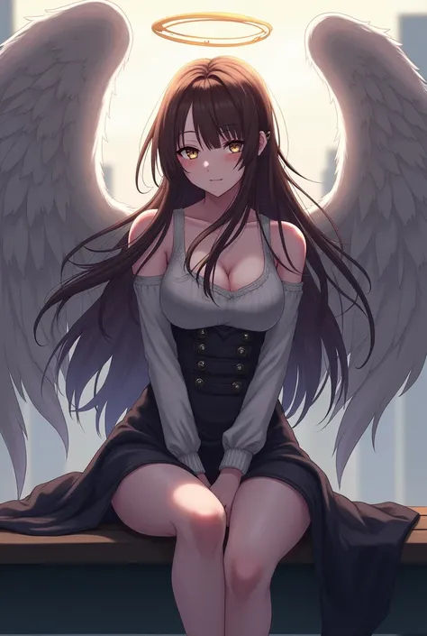 there is a woman sitting on a bench with an angel wings on her head, (hair swept bangs:1.3), (brown hair:1.3), anime style, from girls frontline, fine details. girls frontline, girls frontline universe, girls frontline style, girls frontline, girls frontli...