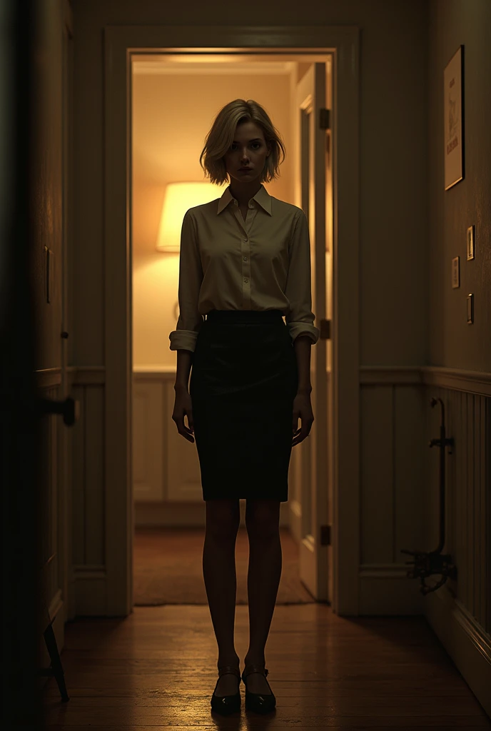 (photorealism:1.2), beautiful woman, swedish, blonde,sad, pensive, assistant, pencil skirt, 18yo, haunted house, wooden floor, brown lighting, hologram, projection,looking at camera, short hair, liminal, no skirt