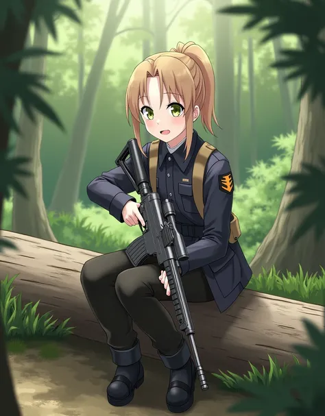 (ponytail forehead hair pulled back:1.3), anime style, girl in uniform holding a rifle sitting on a log, from girls frontline, fine details. girls frontline, anya from spy x family, girls frontline universe, girls frontline style, girls frontline, girls fr...