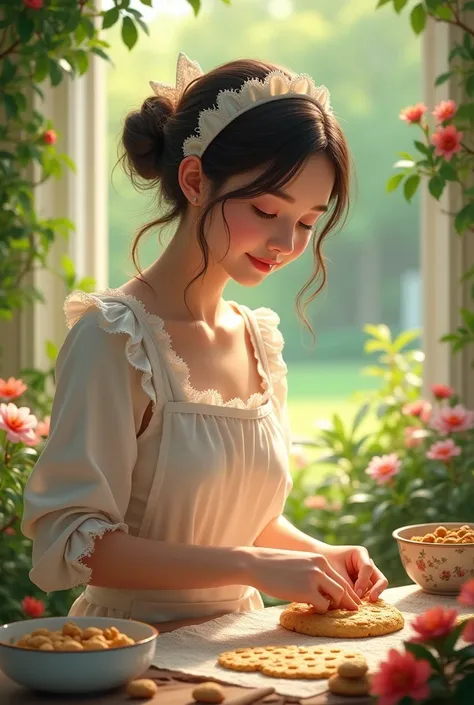 Beautiful woman making cookies in the garden