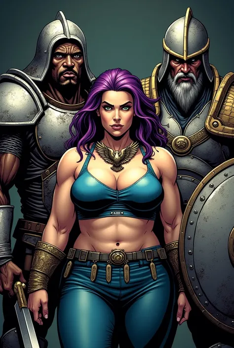 comic book image with 2 dark-skinned warrior men in armor with armor helmets and shield and a curvy, overweight, chubby woman warrior, obese white, very white woman with long purple hair and green eyes wearing an eagle necklace, with dark background Write ...