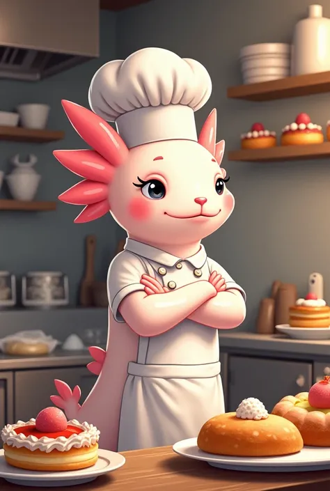  I need animal axolotl dressed as a pastry chef and nombre the seeet memory, is a entreprenaut the bakery and catering 