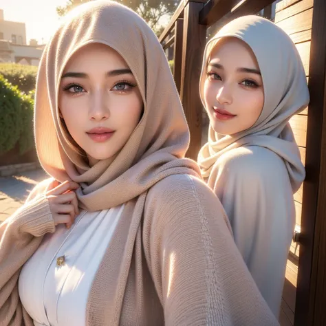 A beautiful young woman, (1girl), majestic hijab outfit, detailed face, alluring eyes, full lips, large bust, outdoor setting, selfie, soft lighting, warm colors, (best quality,4k,8k,highres,masterpiece:1.2),ultra-detailed,(realistic,photorealistic,photo-r...