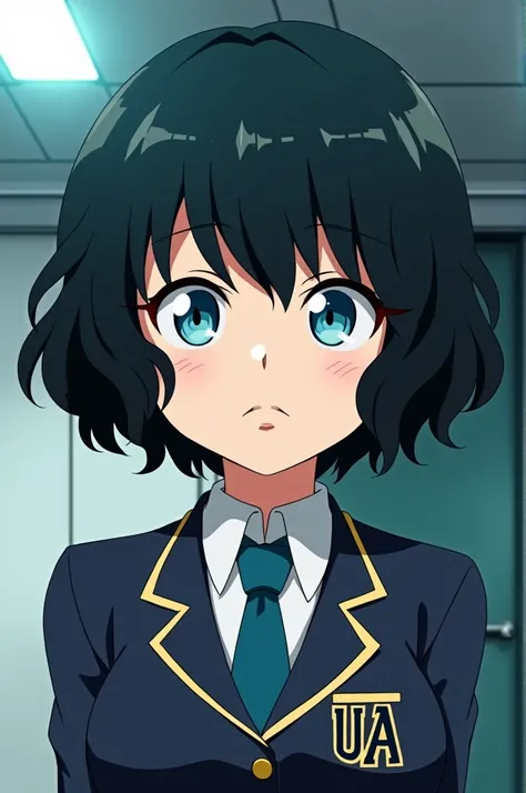 Screenshot of my hero academia.
Dark haired girl with short curly hair and bangs, He has light blue eyes,has a serious expression.He is wearing the UA uniform and in the background he has a UA school class