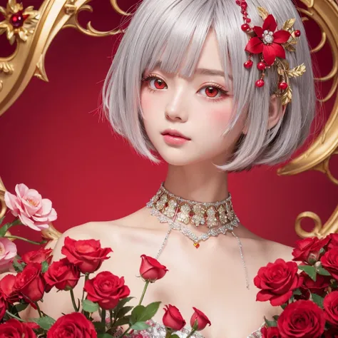 Anime style girl、Silver-haired bob cut、Red eyes、Flower Hair Ornaments、Golden halo、Surrounded by red flowers、Holding a red heart-shaped gem、Pink and red background