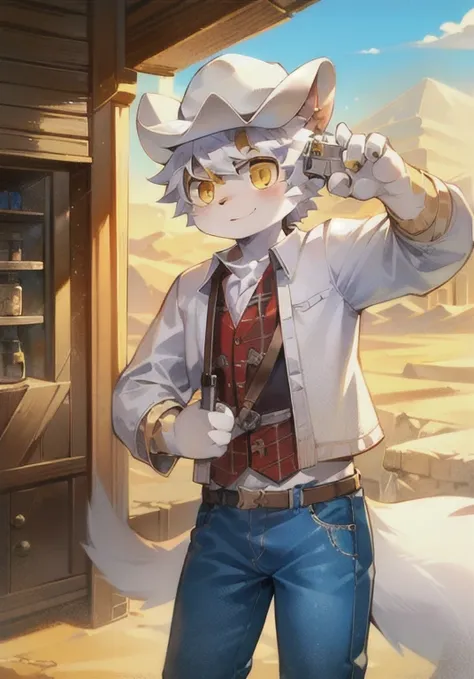 ，White male cat，boys，cute，Q version，，Big furry tail，Hairy mat，Golden Eyes，Silver Hair，Detailed background，desert，Cowboy hat，jeans，Western Cowboy，Plaid clothes，Holding a pistol