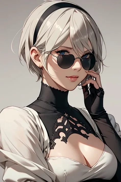 {erotic face,looking away,enchanting smile} BREAK {solo, (2B of Nier Automa:1.4)), (slender body,small breasts),(lightbrown_lightwhite colored hair:1.4, short cut hair), (medium mouth:1.2),(narrow and sharp eyes:1.4,blue-glay eyes,sparkling eyes:1.1) BREAK...