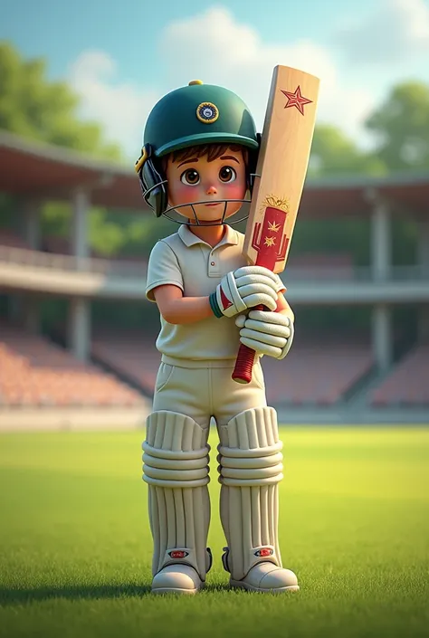 A boy with a bat looking very handsome with a cricket helmet with gloves and in a cricket ground 