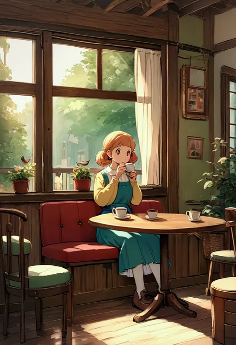 Chica Ghibli tomando un café en una cafetería urbana, Ghibli-style girl, sitting by the window of a cozy café, sipping coffee, soft sunlight filtering through the trees outside, warm wooden interior, vintage furniture, gentle breeze moving the curtains, pe...