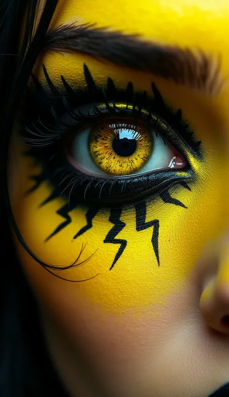 A hyper-detailed close-up of a human eye with the iris and pupil transformed into an abstract galaxy with a high-contrast yellow and black theme. The swirling pupil features deep blacks and vibrant yellows, with dynamic lightning bolts arcing through the g...