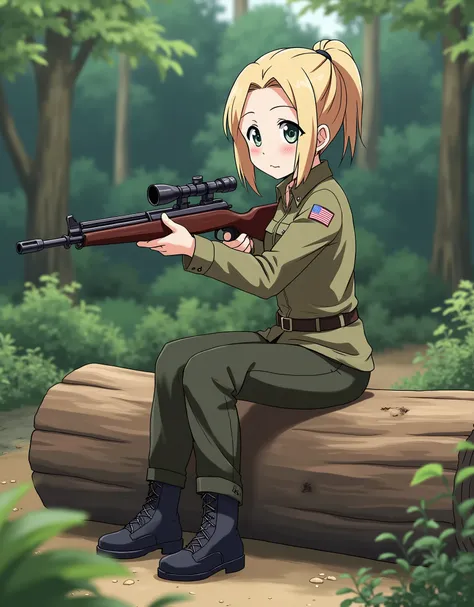 (ponytail forehead hair pulled back:1.3), anime style, girl in uniform holding a rifle sitting on a log, from girls frontline, fine details. girls frontline, anya from spy x family, girls frontline universe, girls frontline style, girls frontline, girls fr...