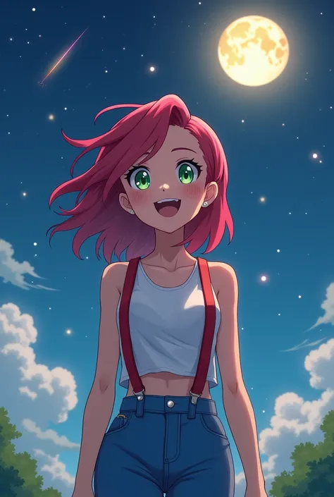 
(Misty_Pokemon)(Berry Short,Orange Hair,one side up hair ,Big green eyes,Small breasts,Skinny)
(White sleeveless T-shirt,Belly button exposed,Denim pants,Red suspenders,sneakers)
I can feel the spirit in my eyes., readiant smile, in the light of the moon ...