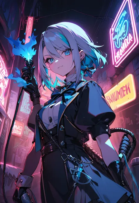 franziska von karma, blue fire hair, whip on hand, neon lights