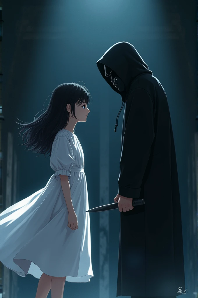 cinematic poster about a girl using a white dress and a boy using a black hoodie with black mask holding a knife. anime 